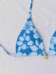 女士优雅碎花比基尼套装，蓝色，适合圣诞节、情人节、狂欢节、海滩装扮、女士泳装、夏季服装、碎花上衣、海滩度假、泳池派对、两件套、女士夏季套装 - 藍色底 - 查看 4