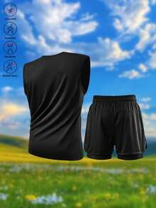 Men's Summer 2-Piece Sports Set | Sleeveless Tank Top + Double Layer Shorts, Suitable For Running, Cycling, Training, Basketball, Outdoor And Beach Wear - Black - View 2