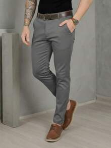Men's Smart Casual Trousers, Premium Satin Fabric, Tailored Style, Welt Pockets - 灰色 - 查看 6