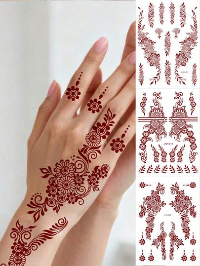 1 hoja de tatuaje de flor en la mano, pegatina de tatuaje de henna color burdeos para mujeres, diseños de mehndi tatuaje falso para fiestas, festivales y uso corporal, tatuaje temporal floral a prueba de agua
