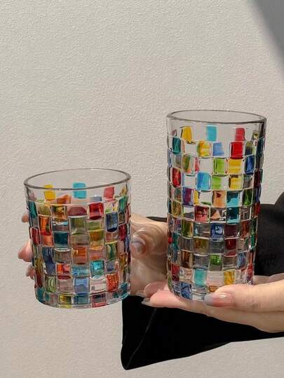 2 Sizes Bling Bling Rainbow Refractive Vintage Cups, Hand-Painted Checkered Woven Glass Water/Juice Cups