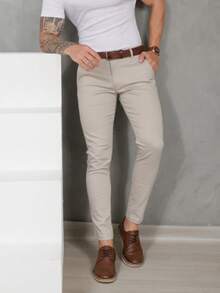 Men's Smart Casual Trousers, Premium Satin Fabric, Tailored Style, Welt Pockets - 淺米色 - 查看 7