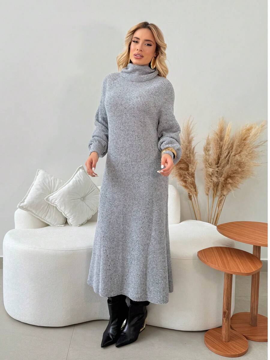 Women's Gray Melange Winter Dress, Long Sleeves, Premium Mousse Knit, High Neck, Puff Sleeves, Flanged Stitch Detail, Elegant Women's Dresses, Casual Chic Fashion For Evening, Comfortable Fit, Modern Design, Autumn/Winter - Heather Gray - Xem 1
