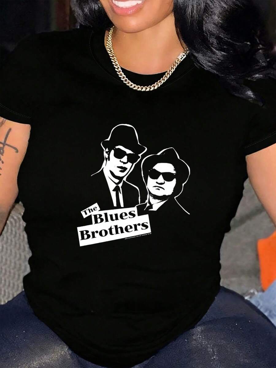 Ropa para Gordita Casual Elegante Holgada Manga Corta Tops Blusas Camisetas Bonitas Algodón Negro estilo retro pelicula The Blues Brothers dibujo de Jake y Elwood con gafas oscuras sombreros y trajes clasicos diseño musical de culto urbano casual ideal - Negro - Ver 1