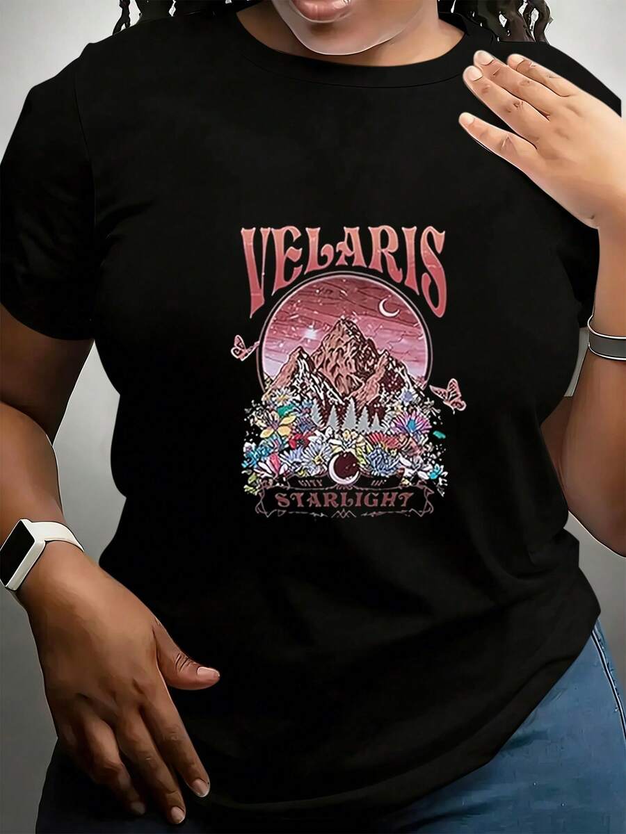 Camisetas para Adolescentes Casual Bonitas Estampadas Manga Corta Playeras Tops de Algodón Negro estilo bohemio temática de fantasía montañas florales y luna VELARIS inspirada en el mundo mágico de la literatura juvenil ideal para amantes de la lectura - Negro - Ver 1