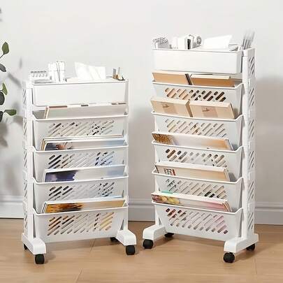 5-Tier Movable Desk Side Bookshelf, Freestanding Rolling Storage Cart, Plastic Multifunctional Organizer Rack For Office And Home, Holds Books, Stationery, Files