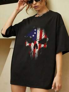 top de mujer De Manga Corta Elegante playeras Holgada casuales camisetas de mujer algodón Negro calavera bandera Estados Unidos desgaste aspecto rebelde estilo urbano jóvenes adultos pasión por lo alternativo expresión declaraciones visuales fuerte diseño atrevido moda contemporánea - Negro - Ver 1