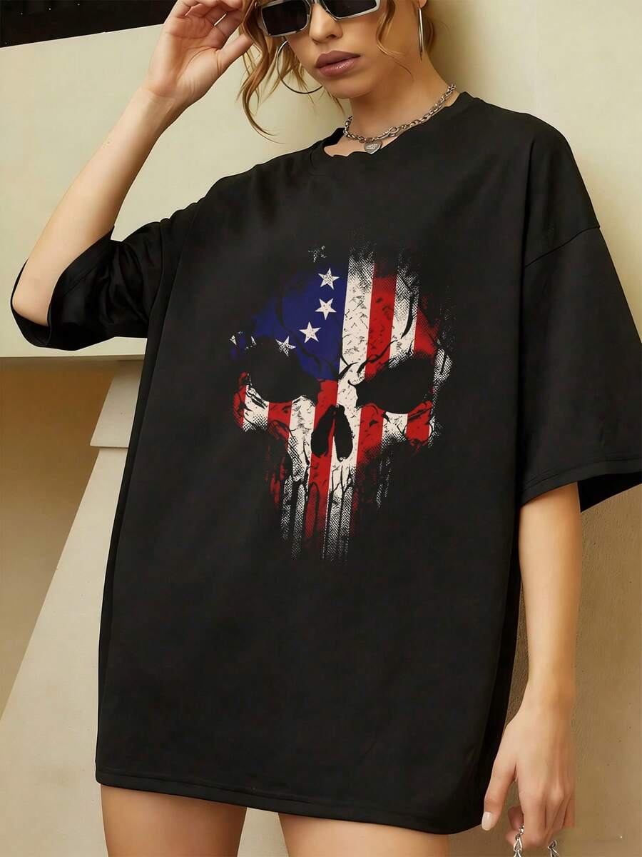 top de mujer De Manga Corta Elegante playeras Holgada casuales camisetas de mujer algodón Negro calavera bandera Estados Unidos desgaste aspecto rebelde estilo urbano jóvenes adultos pasión por lo alternativo expresión declaraciones visuales fuerte diseño atrevido moda contemporánea - Negro - Ver 1