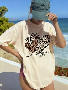 Ladies Valentine's Day, Summer New Simple LOVE Letter Leopard Heart-Shaped Print Casual Vacation Style Loose Multi-Functional Round Neck Camel Short T-Shirt, Suitable For Daily Wear And Holiday On Valentine's Day - Apricot - View 5