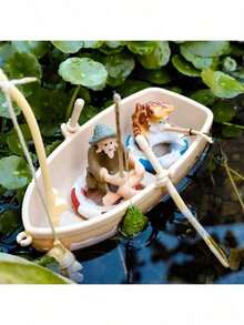 1pc Realistic Mini Boat Swimming Ring Fishing Boat Aquarium Floating Decor Model Toy Micro Landscape DIY Ornament - 1PC - View 1