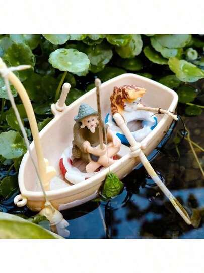 1pc Realistic Mini Boat Swimming Ring Fishing Boat Aquarium Floating Decor Model Toy Micro Landscape DIY Ornament