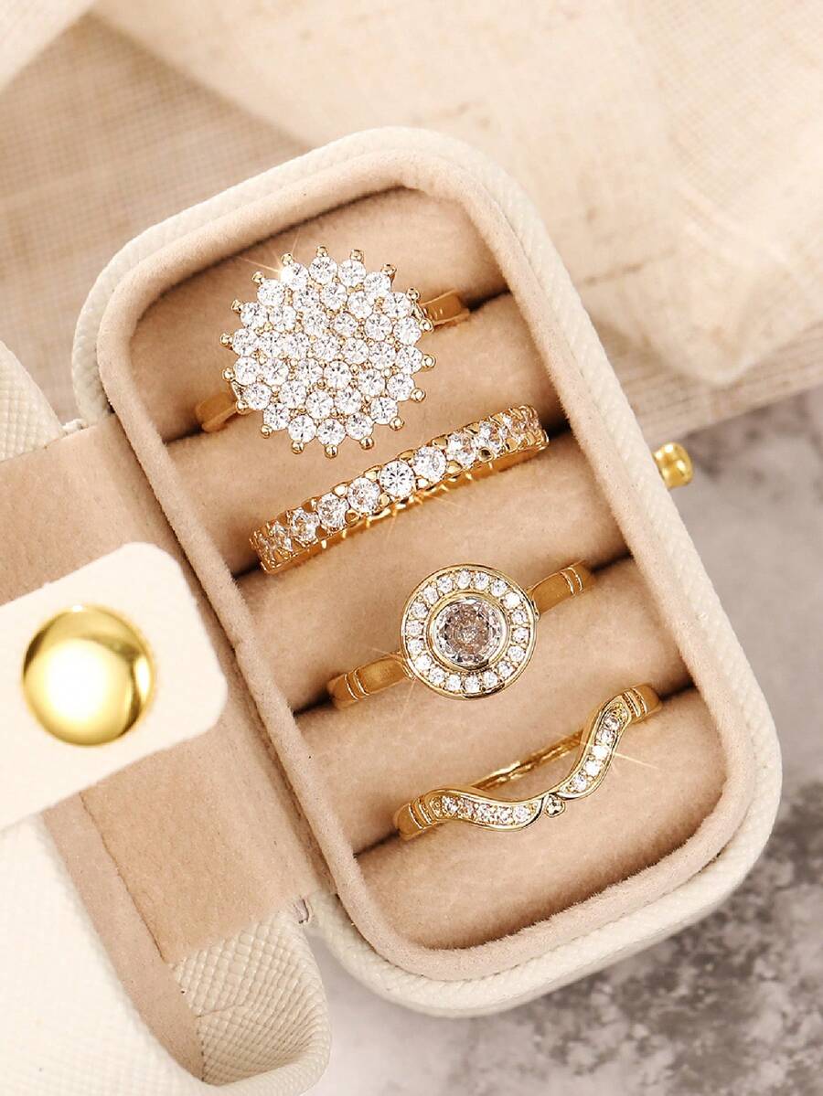 4 Stücke Mode Kubikzirkonia Ringe mit Box für Frauen für Hochzeit Verlobung Jahrestag Party Schmuck Valentinstag Geschenk - 1# - Übersicht 1