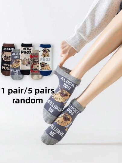 1 Pair/5 Pairs Fashionable, Beautiful And Cute Pet Dog Printed Design Women's Ankle Socks, Lightweight, Soft, Comfortable, Breathable, Moisture-Wicking And Non-Slip, Suitable For Daily Wear