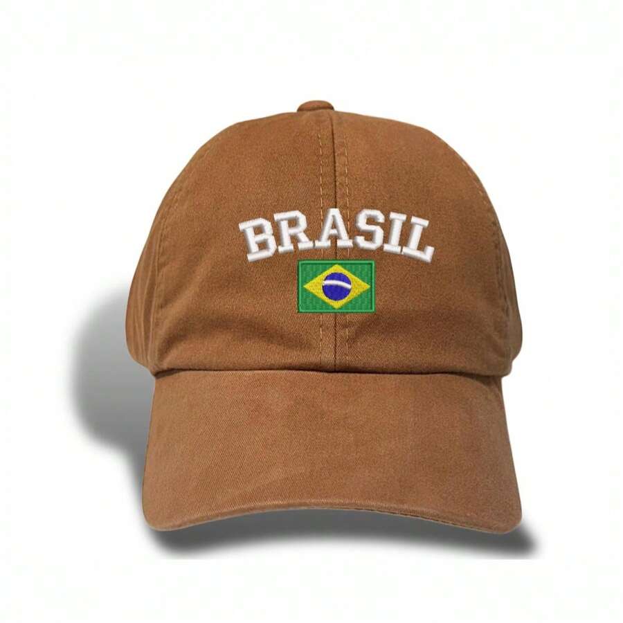 Unisex Dad Hat In 100% Cotton Twill With Curved Brim, Custom Embroidered "BRAZIL" With Brazilian Flag - 鏽棕色 - 查看 1