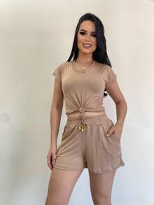 Women's Casual Party Set, Elegant And Sensual, Knitted Fabric, Crossed Knot, Faux Pockets, Faux Drawstring, Comfortable, Beach, Vacation, Night Out, Home, Office, Sports, Summer, Winter - 卡布奇諾 - 查看 2