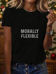 Tops Mujer Corto Sexy Fiesta Estampado Puro Algodón Camiseta negra estilo moderno con estampado de frase divertida para amantes del humor irónico y el estilo urbano - Negro - Ver 1