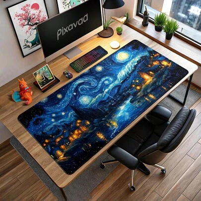 Van Gogh Starry Sky Inspired Gaming Mouse Pad And Desk Mat - With Non-Slip Rubber Base, Rectangular Design Suitable For Computer, Presenting Blue And Yellow Rotating Night Sky Art, Suitable For Home Office