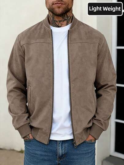 Men's Khaki Suede Bomber Jacket, Full Zip Stand Collar Casual Outerwear, Suitable For Spring And Autumn, Outdoor Commute Casual Jacket, Retro Faux Leather Jacket, High-Quality Gift For Men