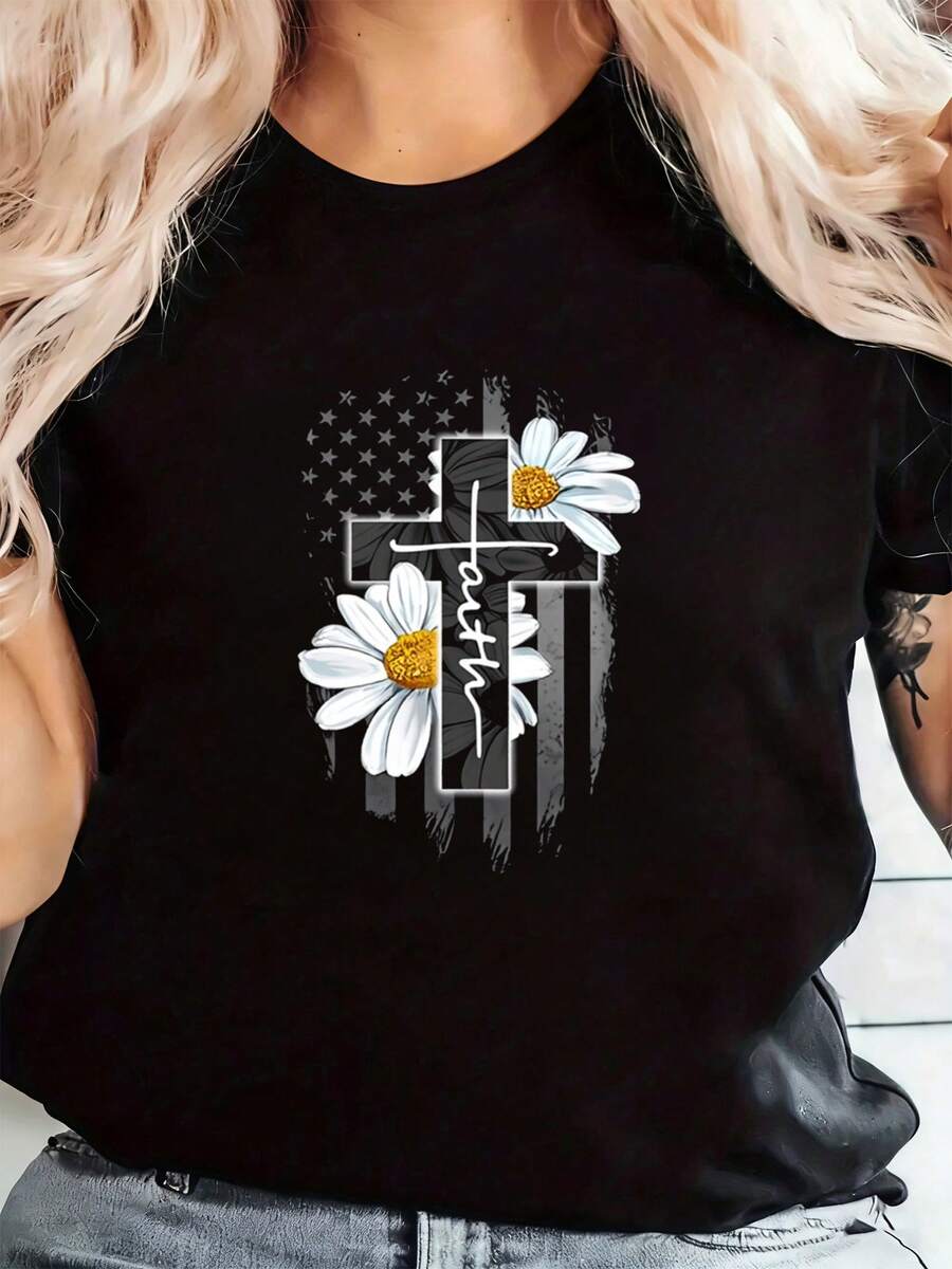 ofertas ropa mujer crop tops conjuntos casuales para mujer playeras de algodó Negro estilo religioso tema cristianismo cruz flores amor paz juventud tocayas casual enfoque espiritual estampado atractivo chicas jóvenes primavera adoración urbana - Negro - Ver 1