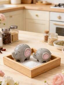 2pcs Pink Elephant Shaped Ceramic Salt And Pepper Shaker Set, Textured Glaze Finish, Gift Box Packaging, Suitable For Kitchen, Dining, Parties, Housewarming, Valentine's Day, Birthday Gifts - Watermelon Pink - View 4