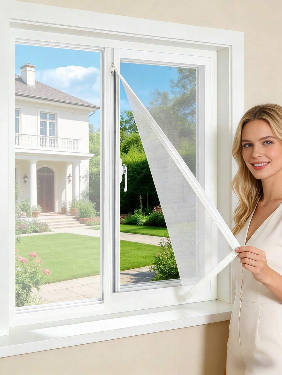 White Zipper Window Screen Set, No-Drill Hook & Loop Install, Breathable Mosquito Net, Removable & Reusable For Home Windows - White Zipper Screen - View 1