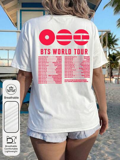 Women's Daily 2026 世界巡回演唱会图案圆领短袖休闲夏季女式白色上衣