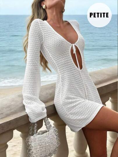 2026 Vestido de cubrir de ganchillo blanco transparente, vestido mini sexy con abertura delantera y mangas acampanadas, versátil como cubrecosturas de playa y prenda de capa esencial para el día a día, tejido ligero y transpirable perfecto para vacaciones de verano y looks junto a la piscina, imprescindible cubrecosturas de traje de baño minimalista y elegante con silueta favorecedora
