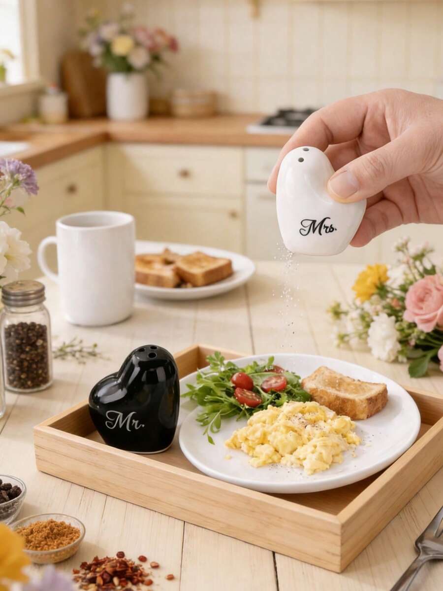 2pcs/Set Black & White Heart Shaped Ceramic Salt And Pepper Shaker Set, Textured Glaze Finish, Gift Box Packaging, Suitable For Kitchen, Dining, Parties, Housewarming, Valentine's Day, Birthday Gifts - Black - View 1