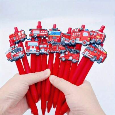 5/10 piezas Bolígrafos de la serie de camiones de bomberos - Artículos de papelería con temática de bomberos, bolígrafos cómodos de escribir, pequeños obsequios para el Día de la Prevención de Incendios, regalos ideales para fiestas, celebraciones, accesorios de camiones de bomberos, recuerdos de fiesta, diseño alegre, plástico
