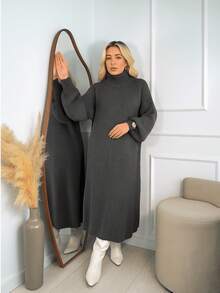 Women's Charcoal Gray Winter Dress, Long Sleeves, Premium Mousse Knit, High Neck, Puff Sleeves, Flanged Stitch Detail, Elegant Women's Dresses, Casual Chic Fashion For Evening, Comfortable Fit, Modern Design, Autumn/Winter - 鉛灰 - 查看 2