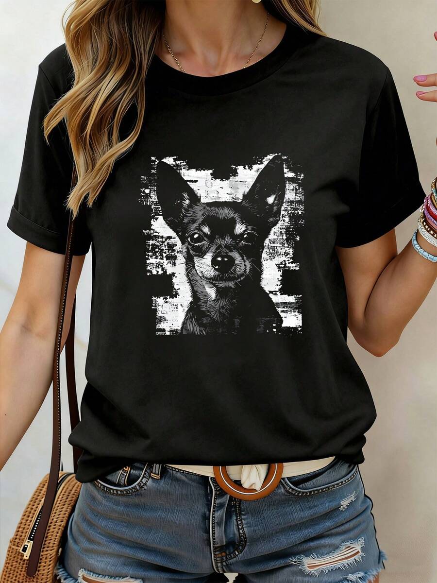 Ropa Playeras Camisetas Nina Niña Juvenil Bonitas Casual Manga Corta Algodón Peinado Tops Blusas Negro Gráfico Chihuahua en Blanco y Negro Fondo Texturizado Diseño Abstracto Arte Canino Expresión Fiel Mascotas Adorables Estilo Urbano Moda Mexicana - Negro - Ver 1