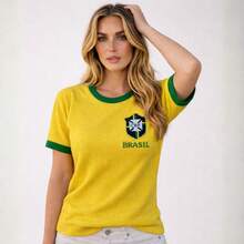 Women's CBF Brazil Shirt, Short-Sleeved Blouse, Brazil Fashion, 2026 World Cup, Round Neck, Brazil Look, 2026 World Cup - 黃色 - 查看 6