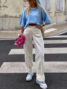 女士时尚圆领短袖针织宽松T恤上衣，露脐设计，罗纹针织，适合日常休闲穿着，浅蓝色夏季款 - 藍色 - 查看 4