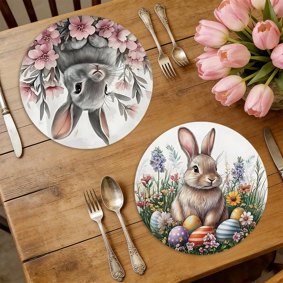 4pcs Spring Rabbit Tableware Set, Polyester Round Placemats, Hand Wash, Non-Slip, Washable, Easter Flower & Rabbit Pattern, Suitable For Home, Kitchen, Party, Restaurant Decor, Size 15 Inches - Multicolor - View 1