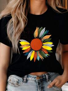 Chemise imprimée pour femmes, décontractée, simple, couleur unie, col rond, manches courtes, chemise avec imprimé lettres, chemise à manches courtes pour femmes, Top, chemises de travail pour femmes, col rond, manches courtes. - Noir - Voir 2