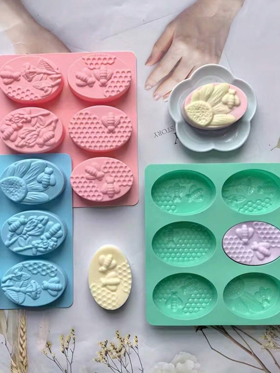 1pc 6-Cavity Silicone Oval Bee Shaped Soap Mold, 3D Handmade DIY Soap Mold - Pink - View 1