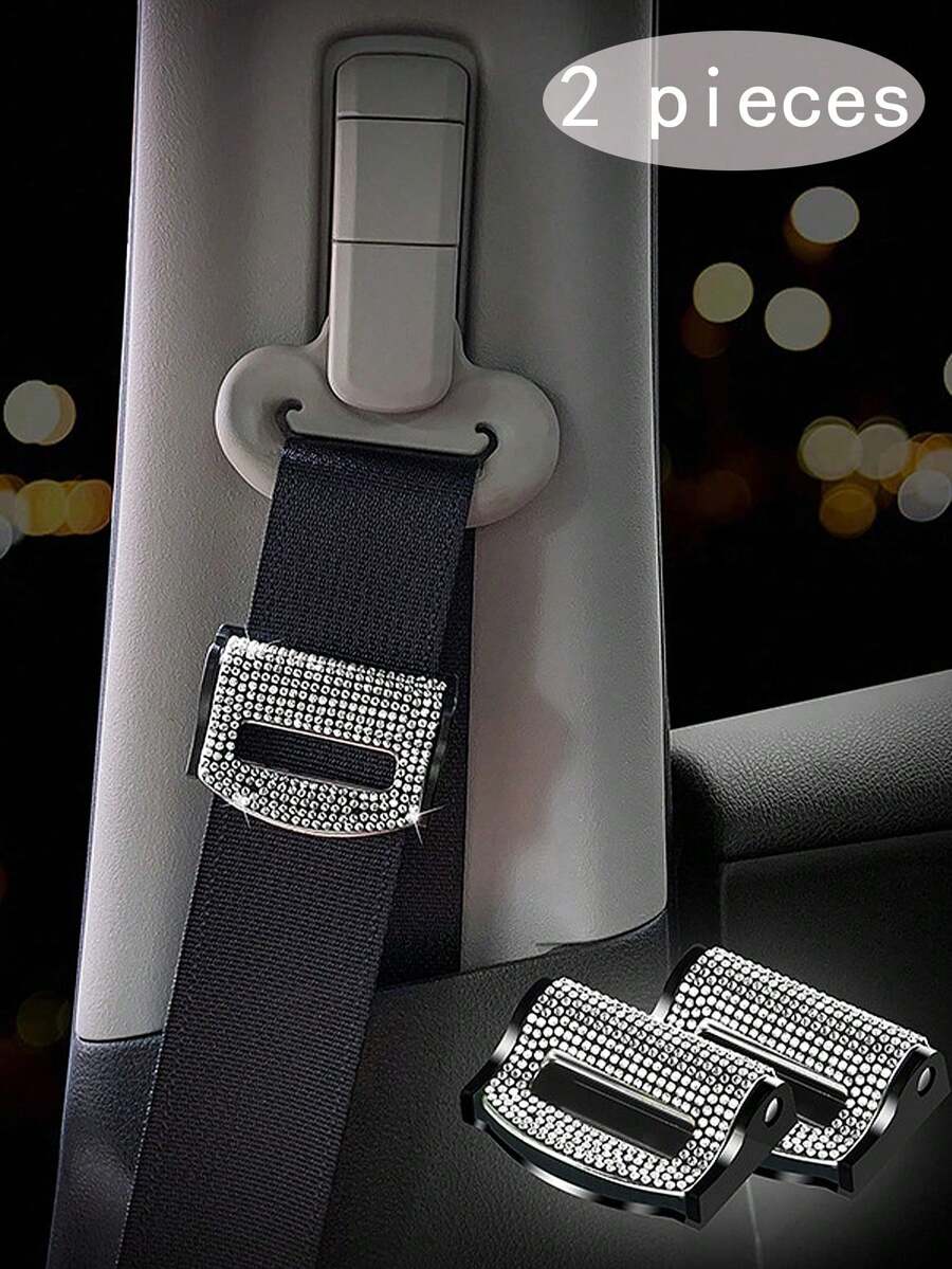 Set de 2 ajustadores de cinturón de con diamante de imitación, de material de plástico ABS, posicionador de cinturón de del automóvil con diamante artificial, ajustador de cinturón de con diamante de vidrio, regalo para conductores - 2 piezas/juego - Ver 1