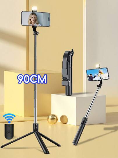 70cm Extendable Selfie Stick With Phone Holder, Wireless Remote, LED Fill Light, 360° Rotatable Tripod, Suitable For IPhone And Android Smartphones. Made Of Plastic, Battery-Powered With Button Cell, Wireless Connection. Essential For Travel Photography And Videography.