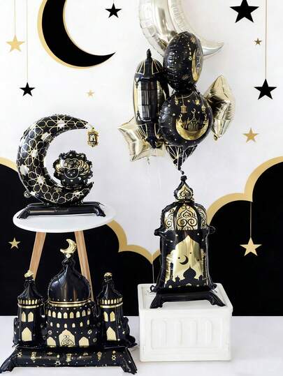 MECRLA Ramadan/Eid Festival Aluminum Foil Decorative Balloon Set - Crescent Moon, Mosque, Lantern, Outdoor & Home Decor For Ramadan, Eid Al-Fitr, Eid Al-Adha, Black/Green/Purple