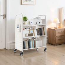 Bücherwagen, 150kg Tragkraft, Bibliothekswagen, 97x51,5x122,5cm, Doppelseitiges W-förmiges Bücherregal mit Doppelbremsrollen, Bücherregalwagen für Wohnzimmer, Büro, Schule, Weiß - W-förmig, weiß, 330 lbs, dreilagig, groß - Übersicht 9