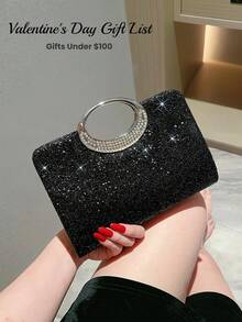 [US-Based Shipping]Glitzy Evening Bag With Circular Metal Handle Luxury Clutch Purse For Bridesmaid Elegant Rhinestone Handbag For Graduation Dance Red Carpet Event Formal Occasion Women Fashion Bags Party Accessories,Tote Bags For Women, Backpacks For Women, Purses Shoulder Bag, Make Up Bags, Luggage Sets For Women, Crossbody Bags For Women, Purse Accsesories, Clutch Purse For Women, Travel Essential, Cruise Essentials, Summer, Bags For Women, Travel Essentials For Women, Beach Essentials, Wedding Items - 黑色 - 查看 4