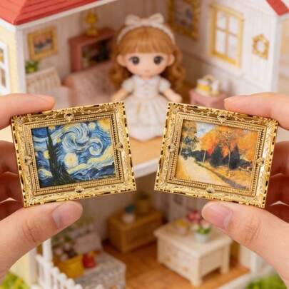 1:12 Scale Mini Vintage-Style Oil Painting Frame Model - European-Style Gold-Carved Decorative Oil Painting Models In Multiple Styles And Designs, Suitable For Pocket Scene Decoration And DIY Miniature Landscape Decor