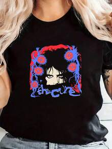 Tops para Mujer Casual Oversize Manga Corta Estampadas Holgada Camisetas Bonitas de Algodón Negro estilo rock gotico cantante The Cure retrato rostro misterioso rodeado de flores rojas y azules lettering ideal para fans musica alternativa juvenil - Negro - Ver 1