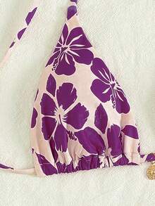 Lostzian 2026 女士春夏沙滩套装，时尚印花杏色底色撞色紫色花朵吊坠泳衣，性感高衩泳裤，两件式挂脖比基尼套装，沙滩度假/泳池派对，情人节嘉年华休闲优雅装扮 - 紫色 - 查看 6