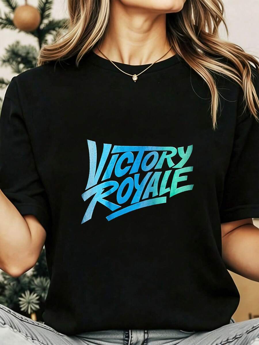 playeras de mujer de camisetas para con estampado algodon negro estilo texto gaming victory royale azul juvenil fanáticos videojuegos moda casual urbana - Negro - Ver 1