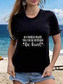 Tops Caballero Largas Elegantes De Vestir Puro Algodón Clasicas negro diseño tipográfico frase motivacional en inglés be kind mensaje positivo mujer casual verano playa público joven amable y optimista - Negro - Ver 1