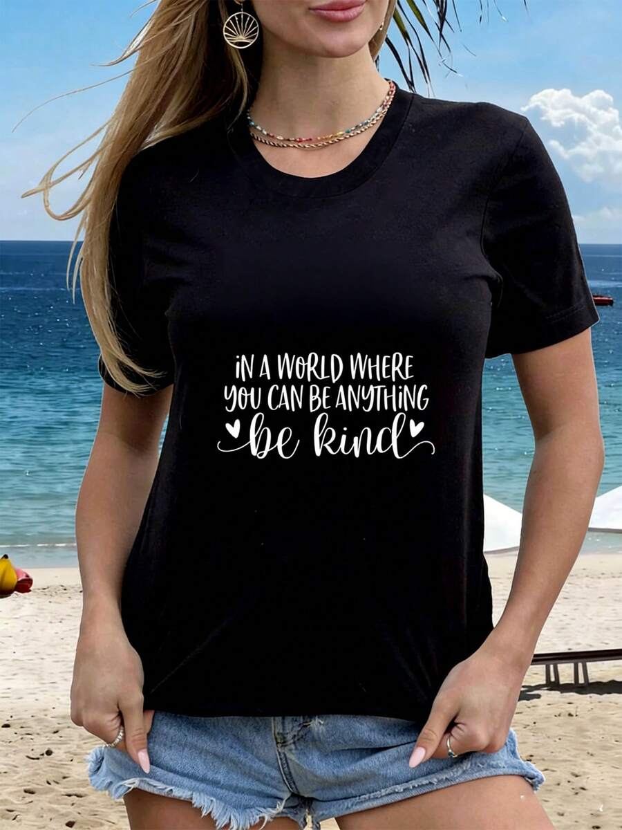 Tops Caballero Largas Elegantes De Vestir Puro Algodón Clasicas negro diseño tipográfico frase motivacional en inglés be kind mensaje positivo mujer casual verano playa público joven amable y optimista - Negro - Ver 1