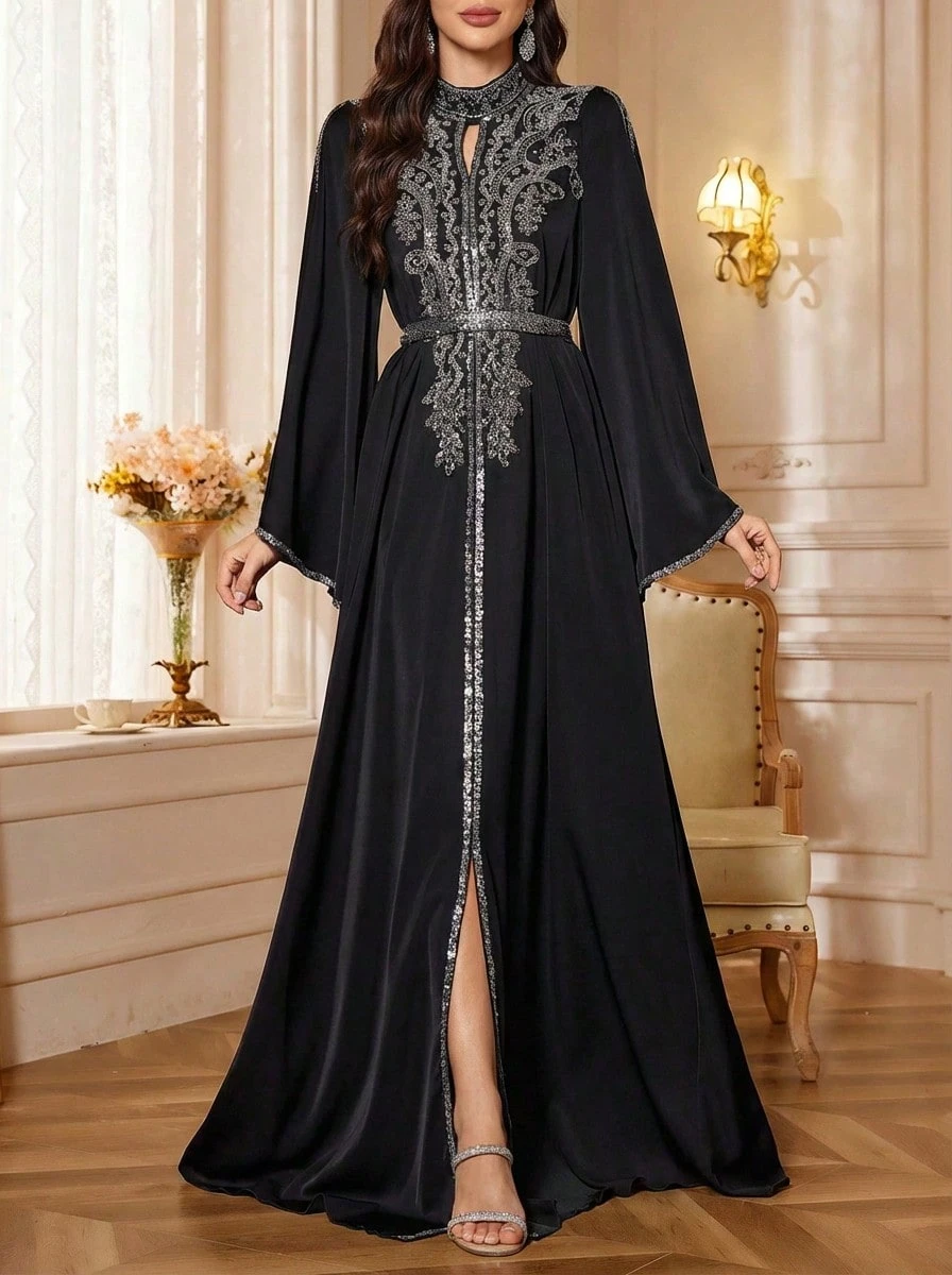Solessence Women's Stand Collar Ruffle Sleeve Luxury Embroidered Satin High Slit Maxi Dress - Black - View 1