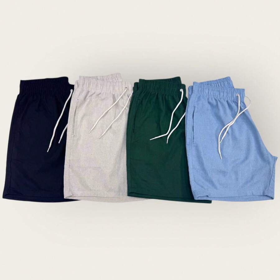 Kit 4 Premium Linen Shorts Bermuda Mauricinho Men's Casual Basic Comfortable Specific Colors, MILITARY GREEN, White, Black (Colorful) - 淺藍色 - 查看 1