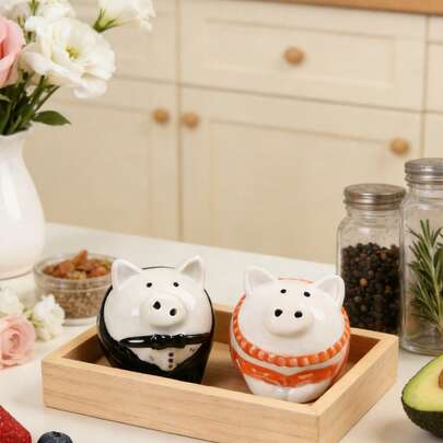 Bộ 2 lọ đựng muối và tiêu hình heo màu đen và cam bằng gốm sứ, bề mặt tráng men sần, đóng gói trong hộp quà, thích hợp dùng trong nhà bếp, phòng ăn, tiệc tùng, quà tân gia, quà Valentine, quà sinh nhật.